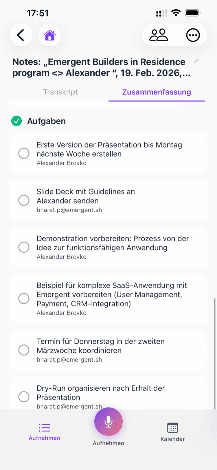Vox2Doc App — Zusammenfassung und Aufgaben nach einem Meeting